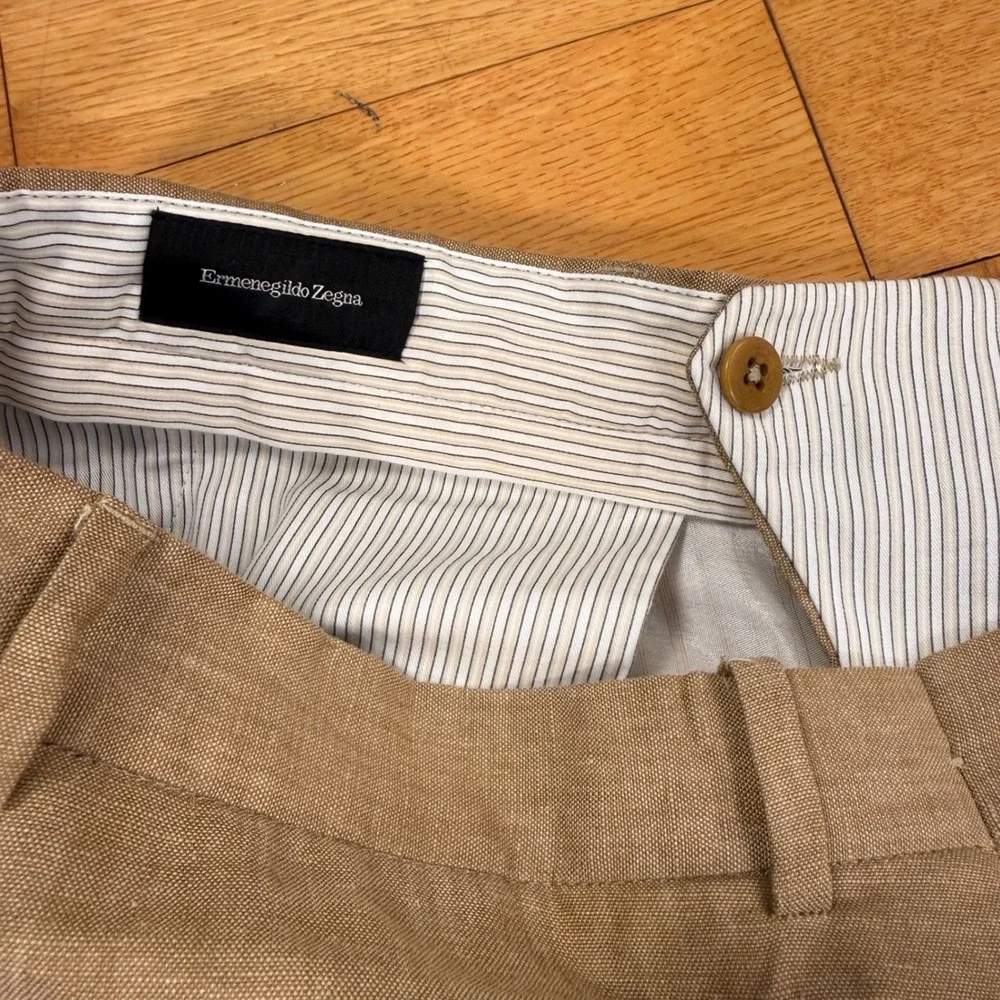Ermenegildo Zegna Mens 40x30 Tan 100% Linen Pleated Cuffed Dress Pants Italy